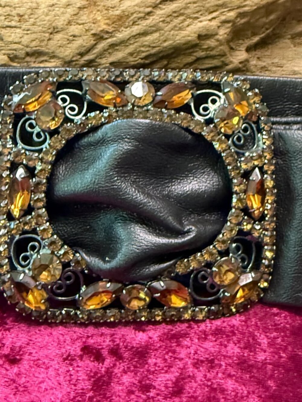Juliana Belt Buckle Leather 34 Inch Brown Belt & Amber Rhinestones Snap Closure